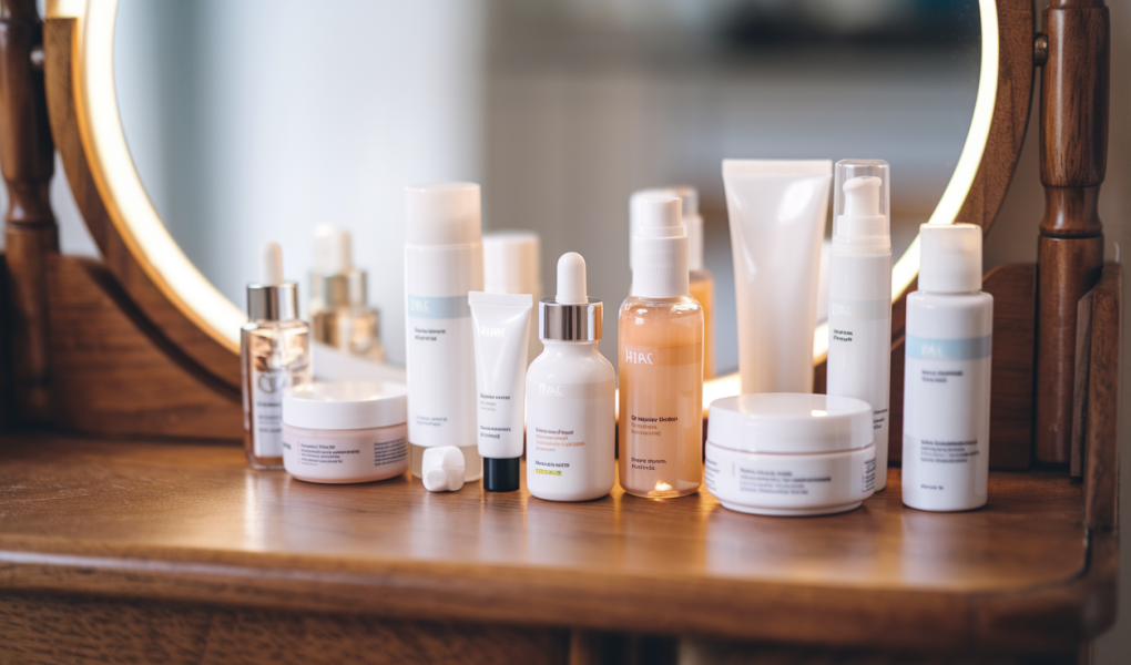 produits-soin-peau-coiffeuse-bois-miroir