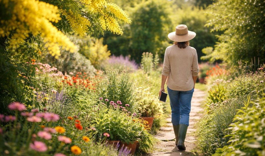 mimosa-jardin-ensoleille-personne-chapeau