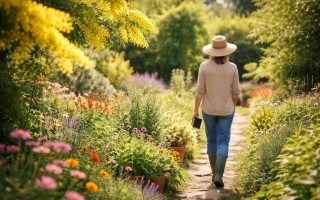mimosa-jardin-ensoleille-personne-chapeau