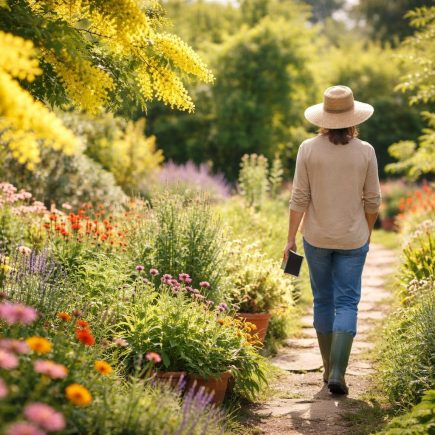 mimosa-jardin-ensoleille-personne-chapeau