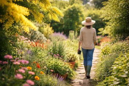 mimosa-jardin-ensoleille-personne-chapeau