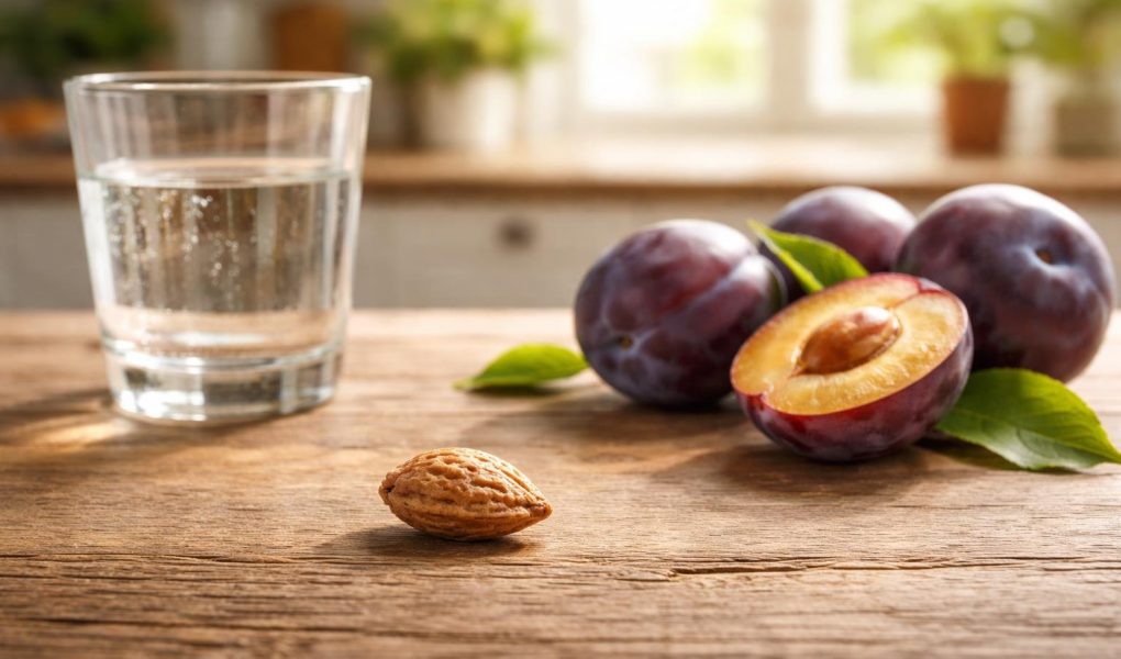 noyau-prune-verre-table-bois