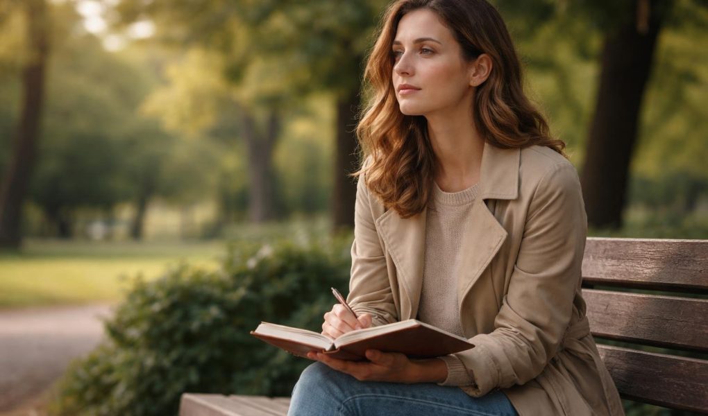 femme-banc-parc-carnet-arbres