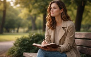 femme-banc-parc-carnet-arbres