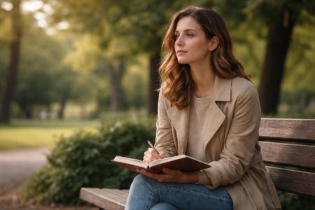 femme-banc-parc-carnet-arbres