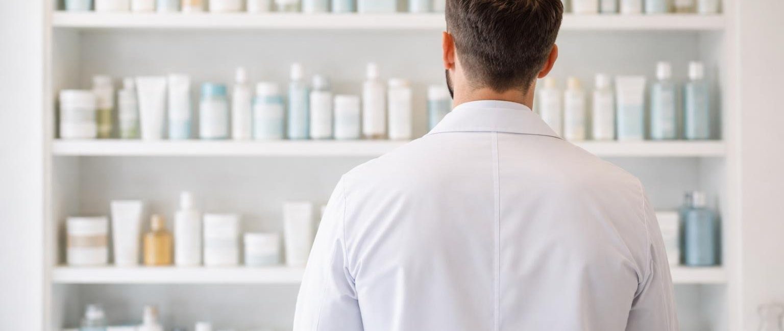 dermatologue-blouse-etagere-produits-soin