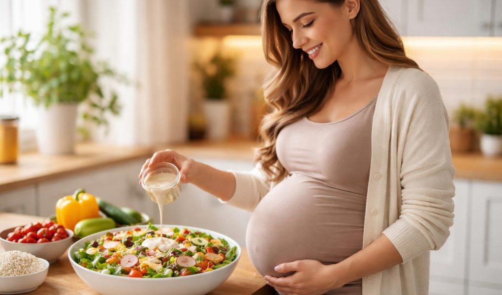 femme-enceinte-salade-cuisine-moderne
