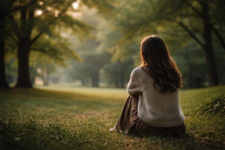femme-assise-parc-arbres-verdoyants