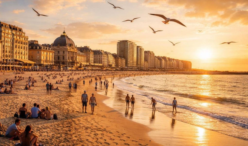 plage-ostende-promeneurs-sunset-mouettes