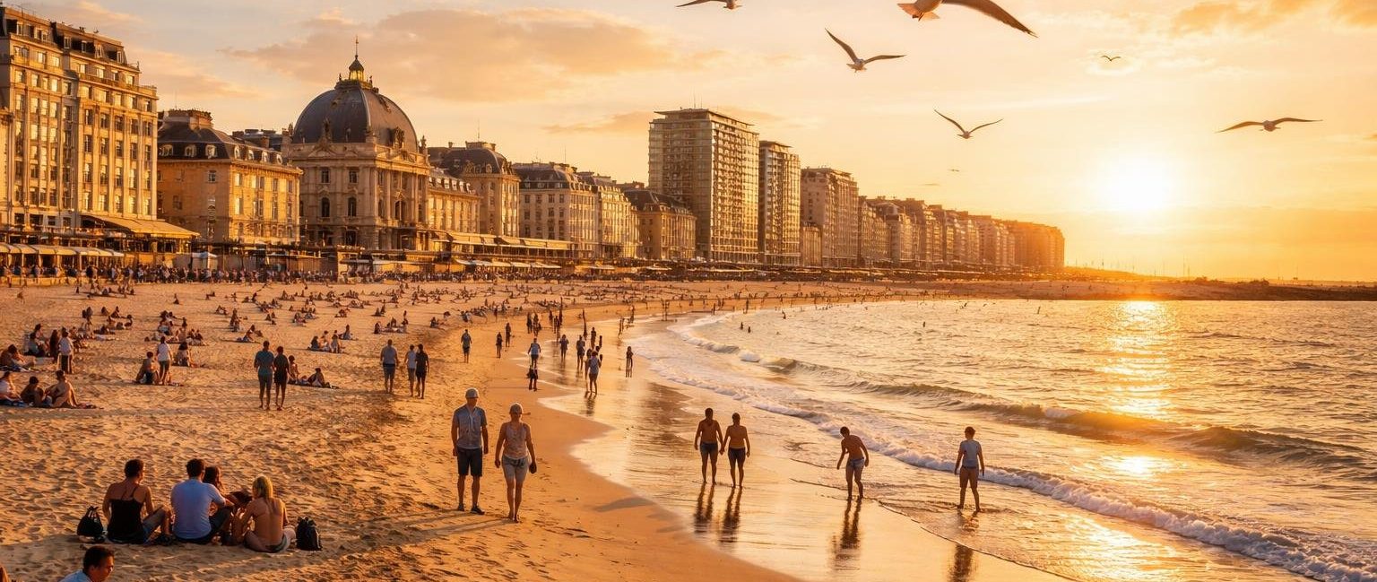 plage-ostende-promeneurs-sunset-mouettes