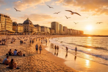 plage-ostende-promeneurs-sunset-mouettes