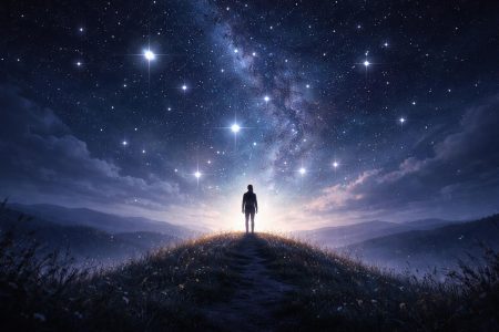personne-colline-ciel-etoile-lumiere