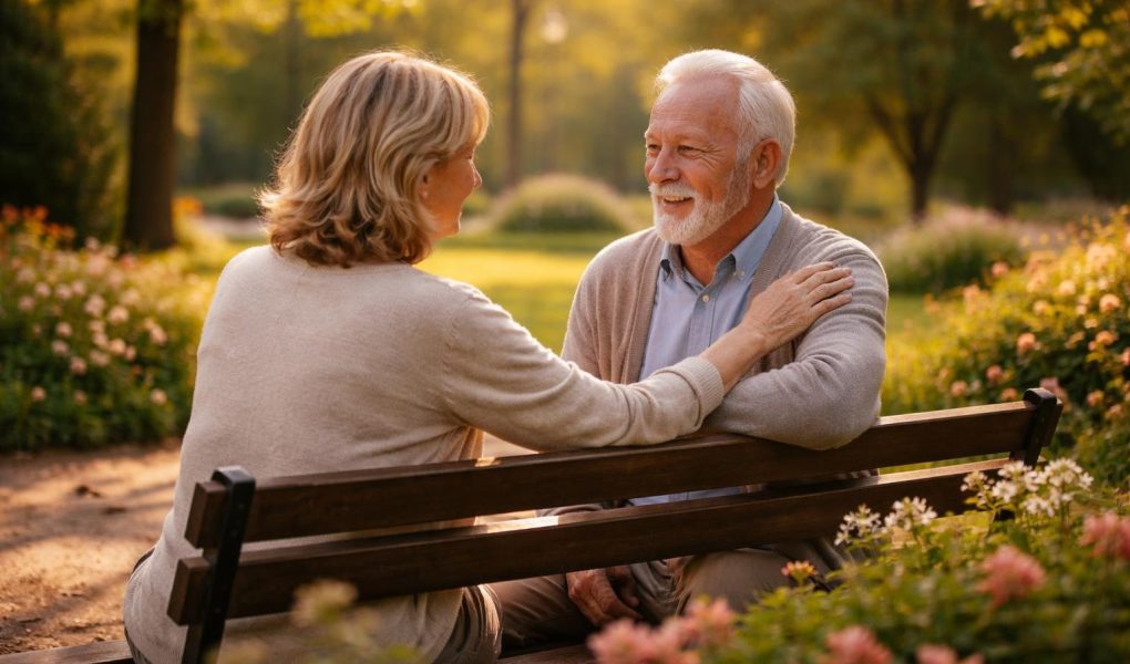 femme-homme-banc-parc-fleurs