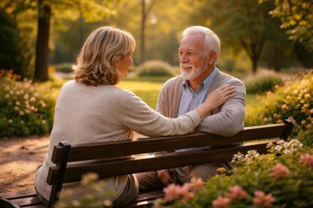 femme-homme-banc-parc-fleurs