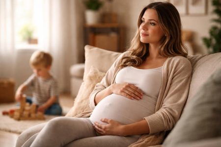femme-enceinte-salon-enfant-lumiere-douce